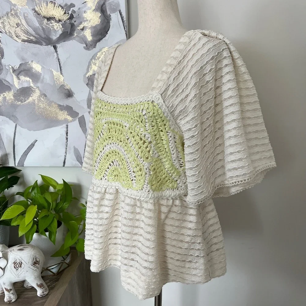 Anthropologie Sarah Hann Crochet Top Cream Peplum Boho Cottagecore Babydoll